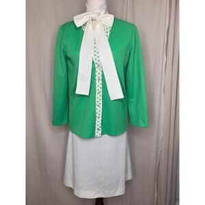 1960s White Green St. Patty Patricks Day Modest Mod Bowtie Dress Cardigan Set S